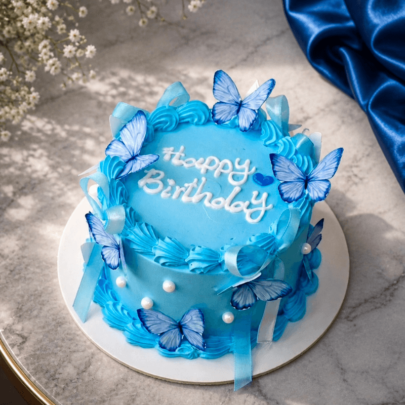 blue vintage ribbon butterfly cake