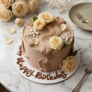 modern happy birthday beige cake