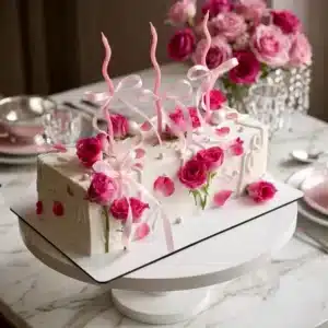 rectangular pink roses wedding cake