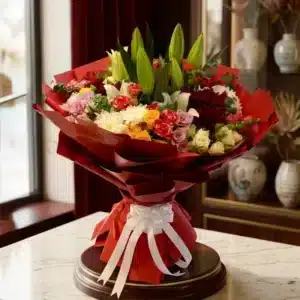 red roses white lilies bouquet