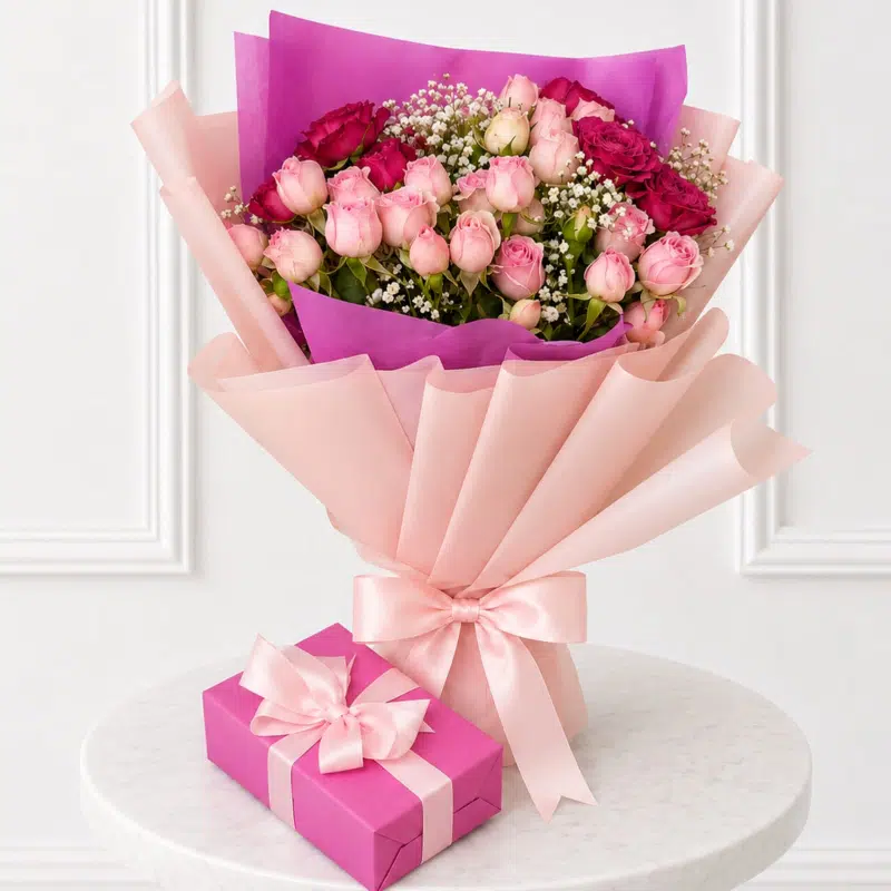 Ferrero gift box Bouquet Ferrero gift box with pink flower bouquet