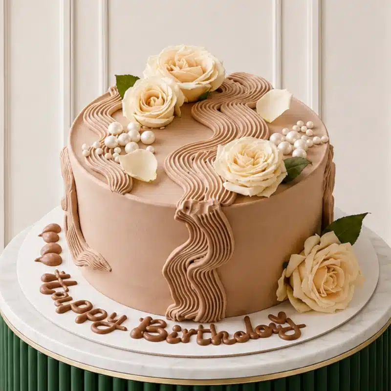 HBD modern brown cake Modern Happy Birthday Beige Cake - Image 1