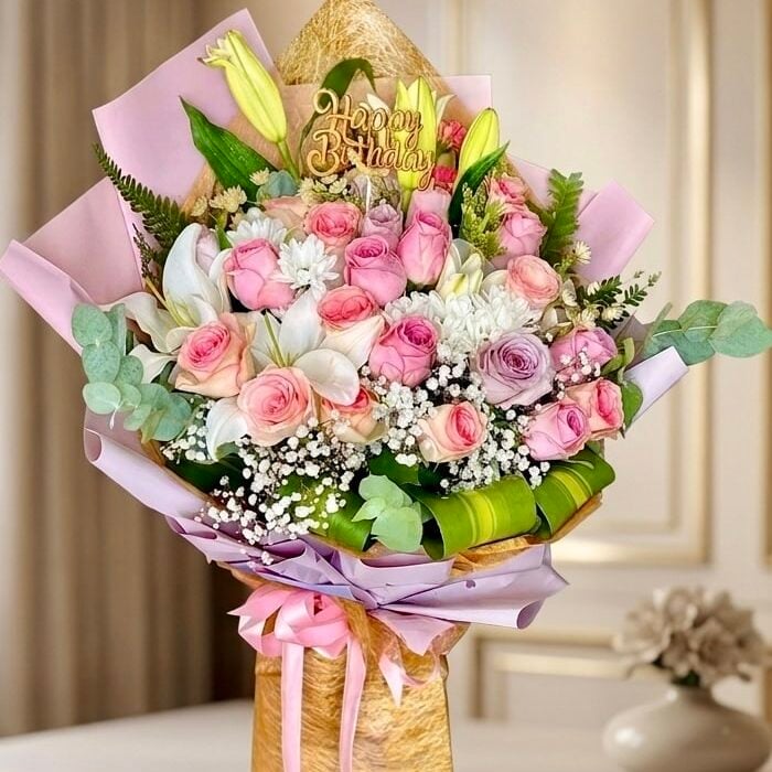 IMG_9518 Lilies & Roses Birthday Bouquet - Image 1