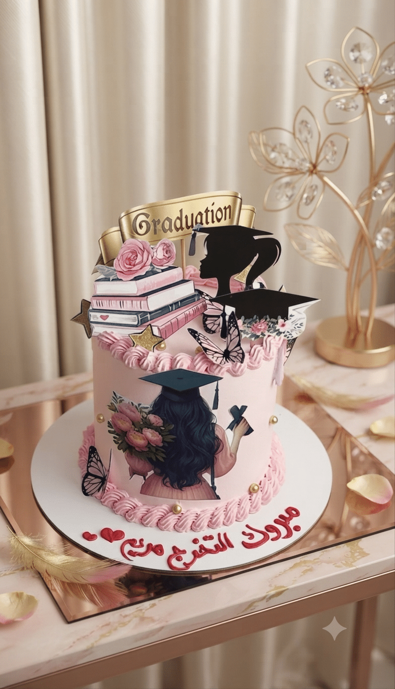 grad cake pink 2 Graduation Butterfly Pink Cake - Image 1