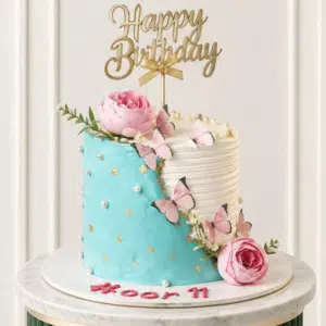 white and blue butterfly cake