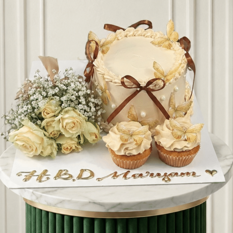 Floral Butterfly Cake Bundle Beige Floral Butterfly Cake Bundle – beautiful cake gift for celebrations
